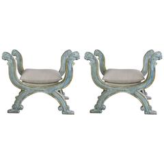 Pair of Italian Style "X" Painted Benches with Lion Heads