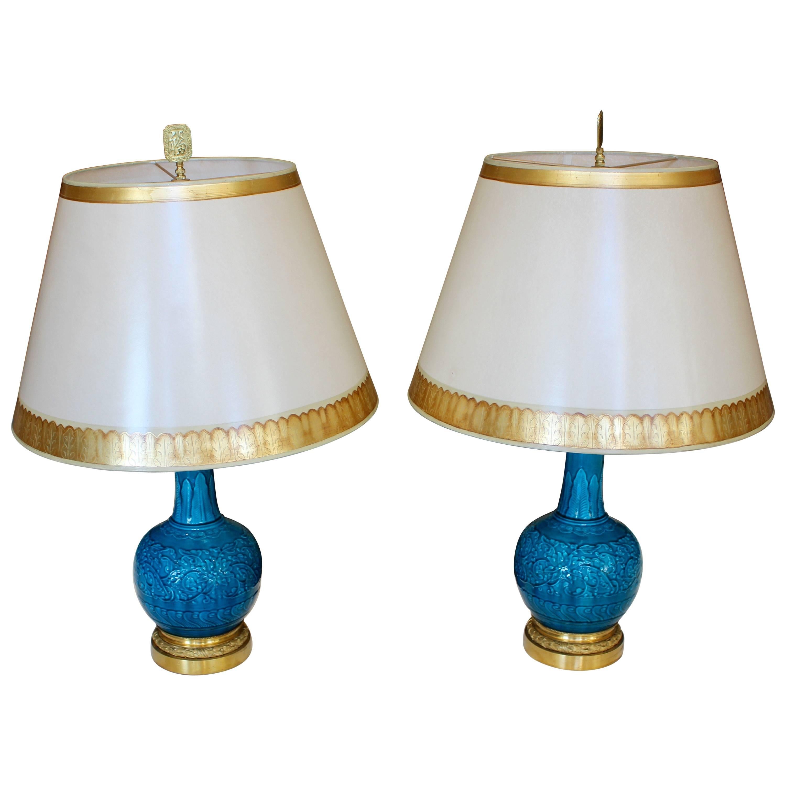 Pair of Ormolu-Mounted Theodore Deck Faience Persian-Blue Vases with Lampshades For Sale