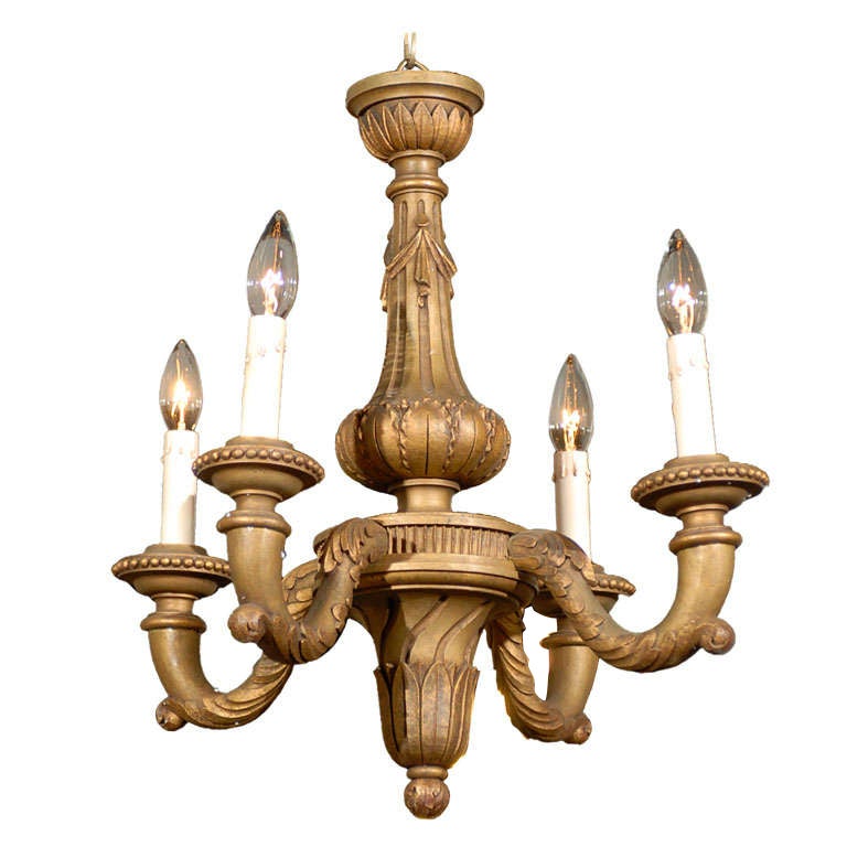 Turn of the Century French Carved Giltwood Four-Light Chandelier with Waterleaf