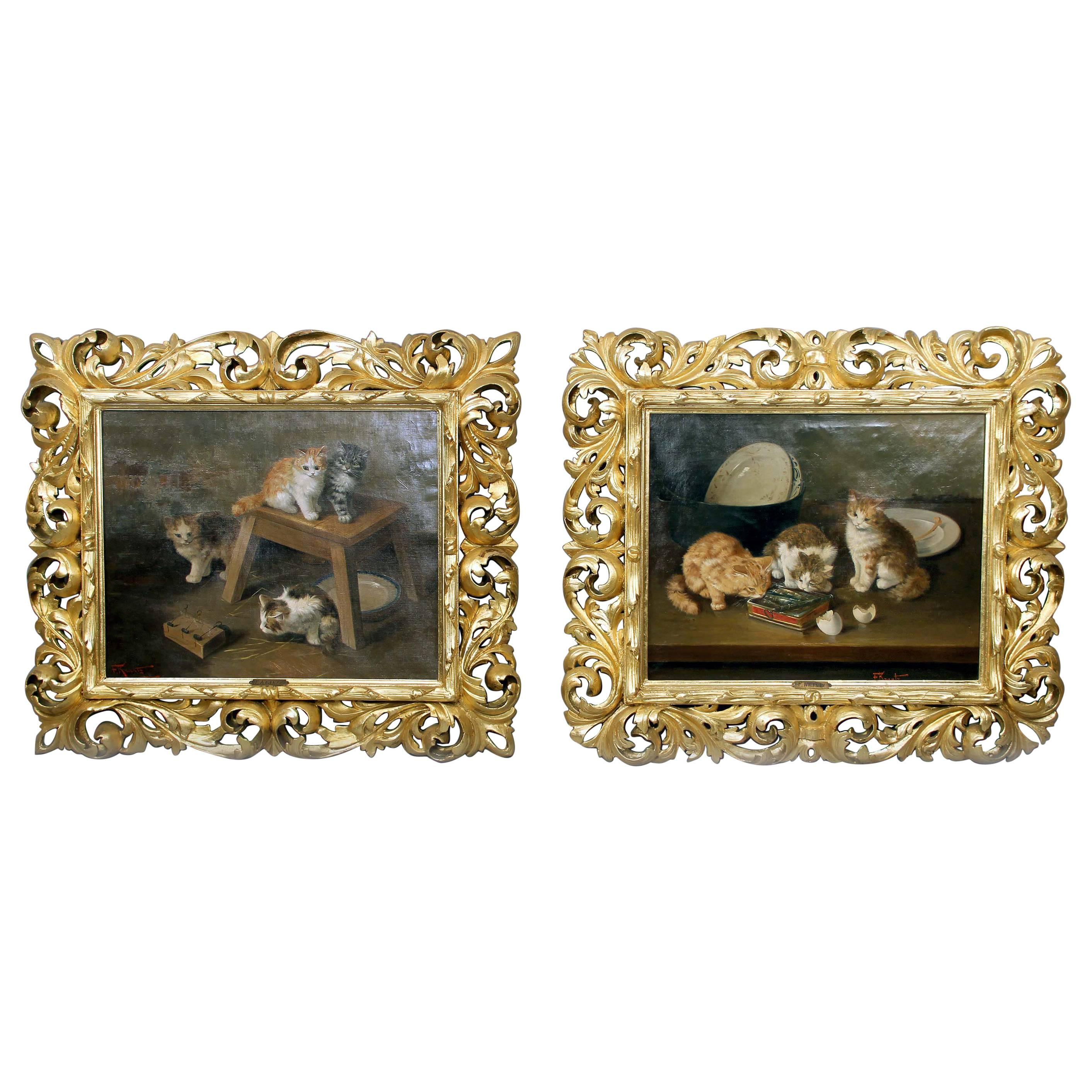 Beautiful Pair of Late 19th-Early 20th Century Kitten Paintings by F. Krantz For Sale