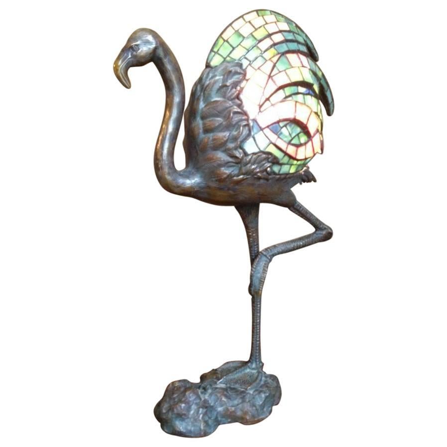 Alberic Collin A Bronze Lamp Modelled as a Flamingo & Tiffany Style Lead Glass