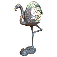 Retro Alberic Collin A Bronze Lamp Modelled as a Flamingo & Tiffany Style Lead Glass