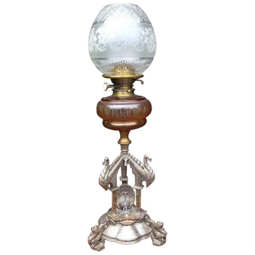 Elkington. An Exhibition Quality Aesthetic Movement Silver Plated Oil Lamp.