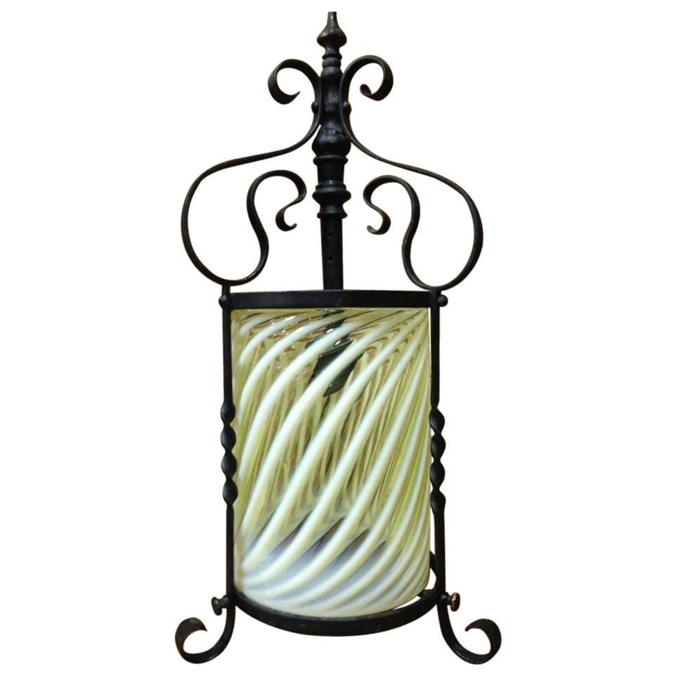 Arts & Crafts Iron Lantern with Original Swirling Vaseline/Uranium Glass shade. For Sale