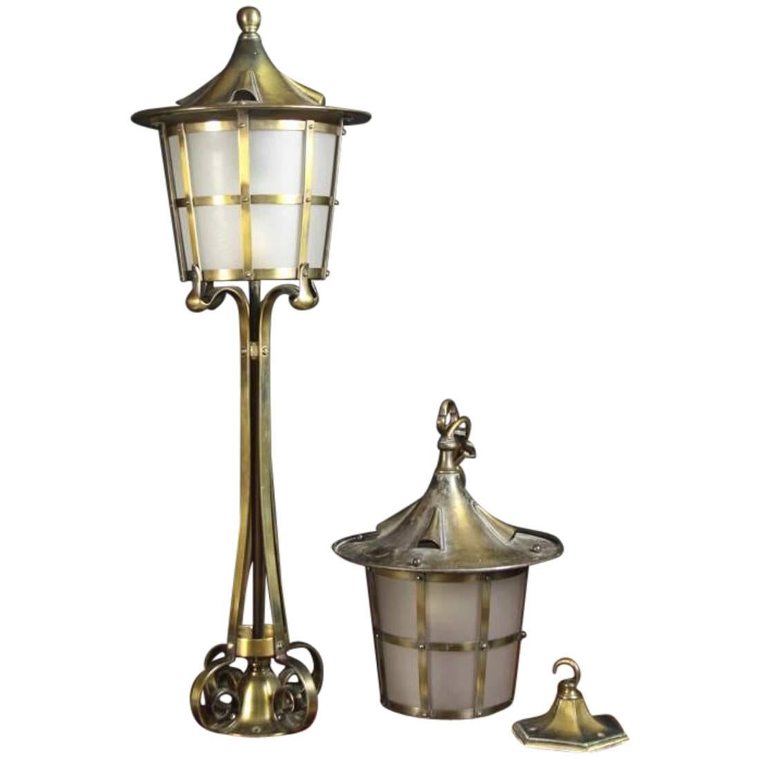 An Arts and Crafts Copper Stair Post Lantern with Matching Hall Lantern