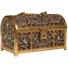 19th Century French Gothic Silvered Bronze Doré Jewelry Box with Flowers Motifs