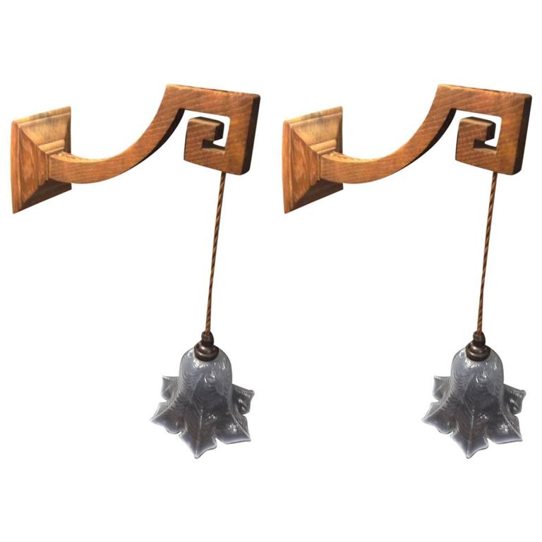 Good Quality Pair of Arts and Crafts Oak Wall Lights with Greek Key Details. For Sale at 1stdibs