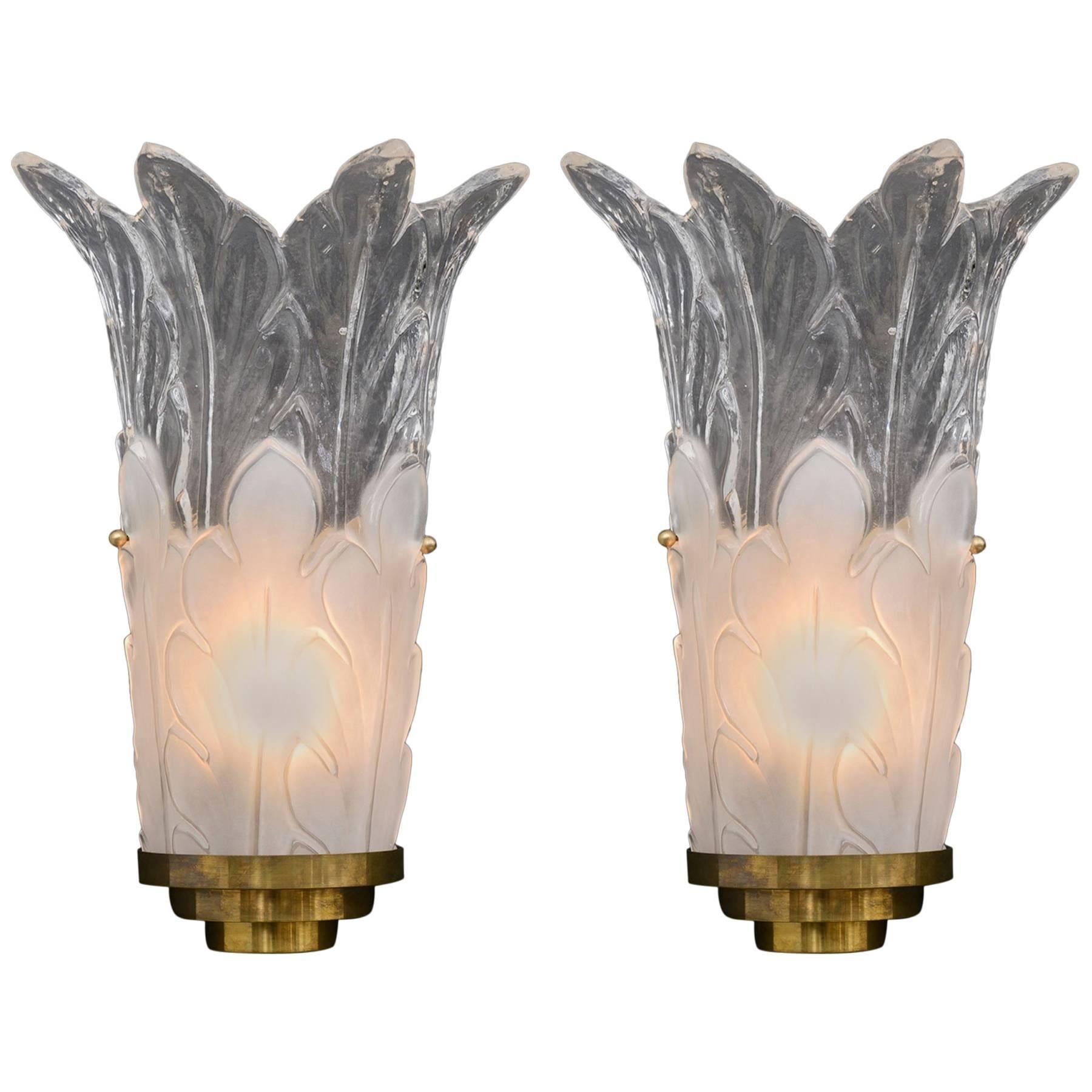 Pair of Deco-Style Frosted and Clear Glass Sconces