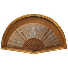 Early 19th Century French Hand-Painted Hand Fan in Gilt Glass Frame