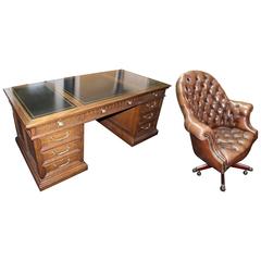 Quality Large Leather Topped Vintage Style Pedestal Desk and Leather Chair