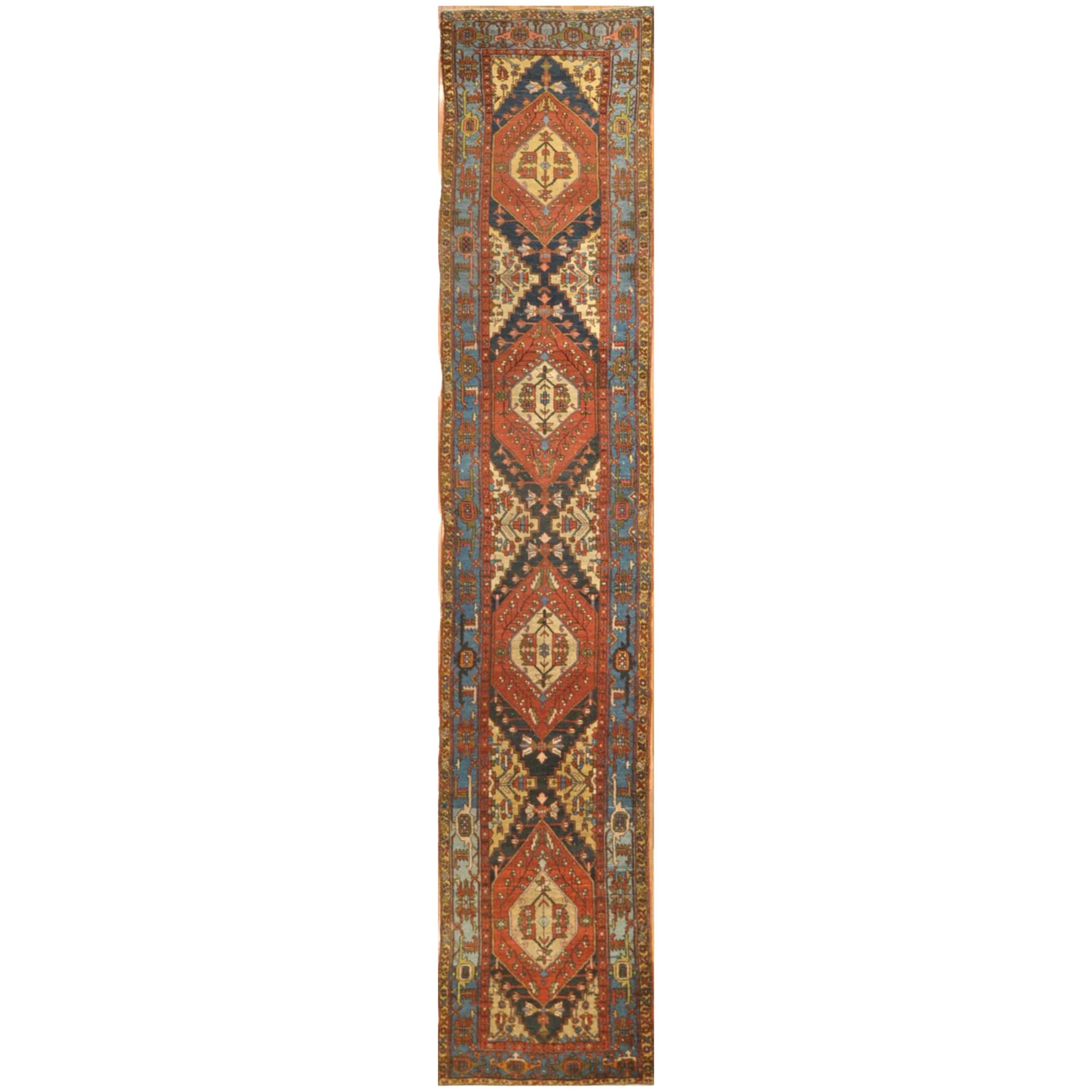 Antique Long Persian Heriz Runner Rug For Sale