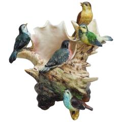 19th Century Majolica Shell with Birds Delphin Massier