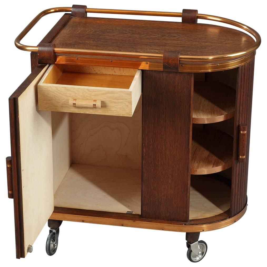 Mid-Century Oak Bar Cart with Sliding Doors