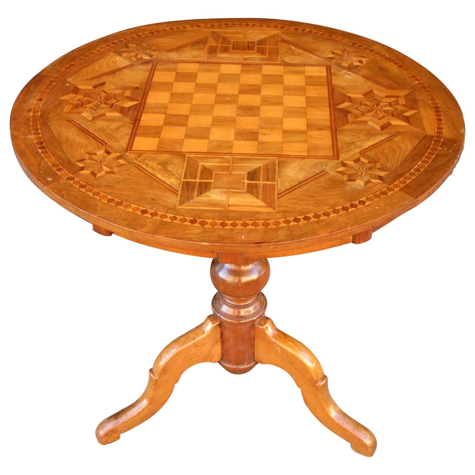 19th Century Italian Walnut Inlaid Chess Game Tilt Top Table