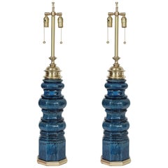 Stiffel Blue Crackle Glaze TOTEM Lamps