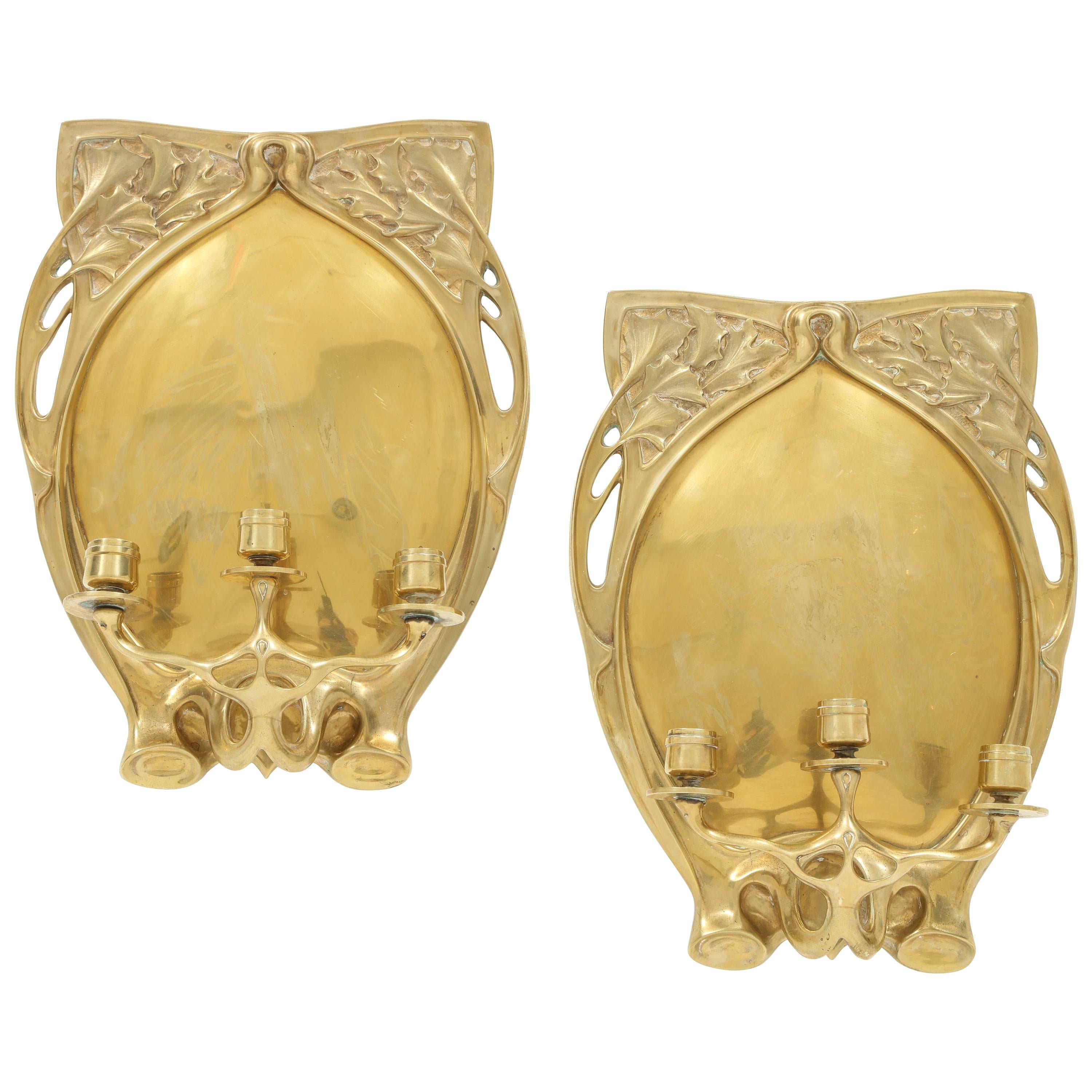 Pair of Art Nouveau Brass Candle Sconces For Sale