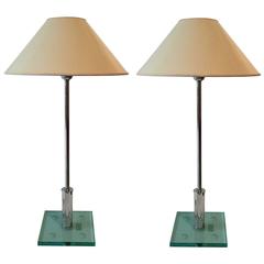 Pair of Elegant Table Lamps, Etched Glass Base, Manner of Fontana D
arte