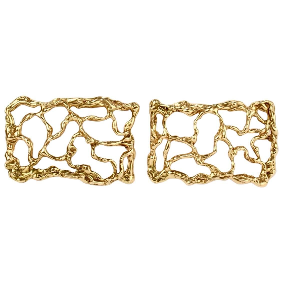 Pair of Artist Signed 14-Karat Gold Brutalist Brooches or Pins