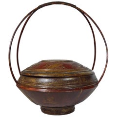 Retro 19th Century Chinese Hand-Carved Wooden Grain Basket with Bamboo Handle