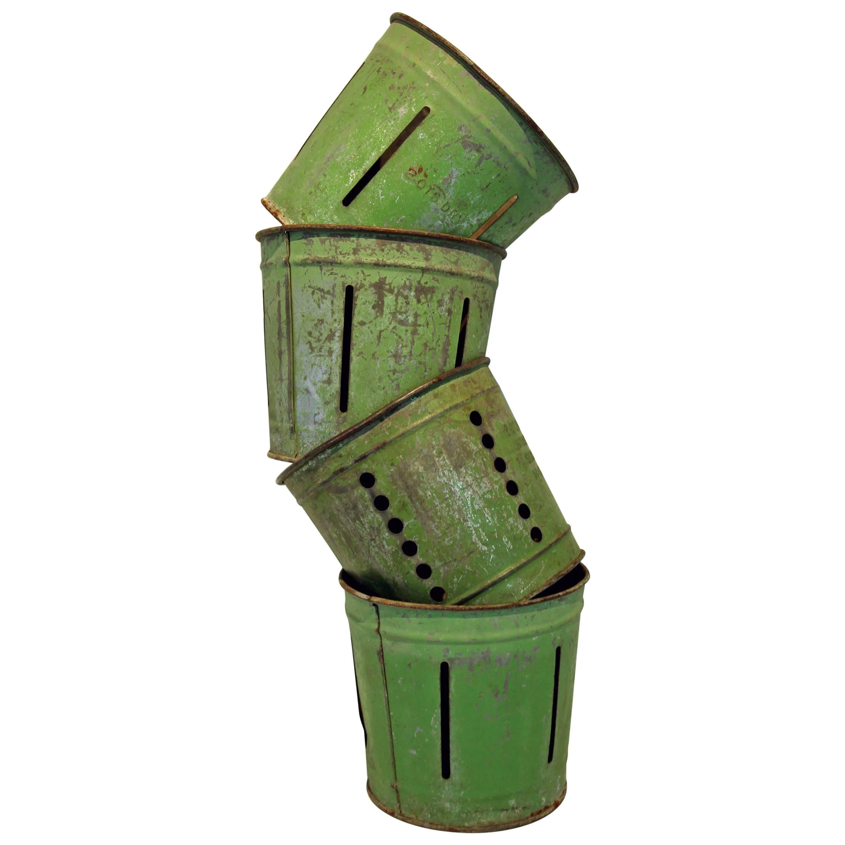 Set of four Green Painted Metal Bucket Measures For Sale