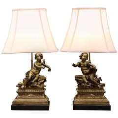 Pair of 19th Century French Bronze Cherubs Mounted as Lamps on Wood Bases 5