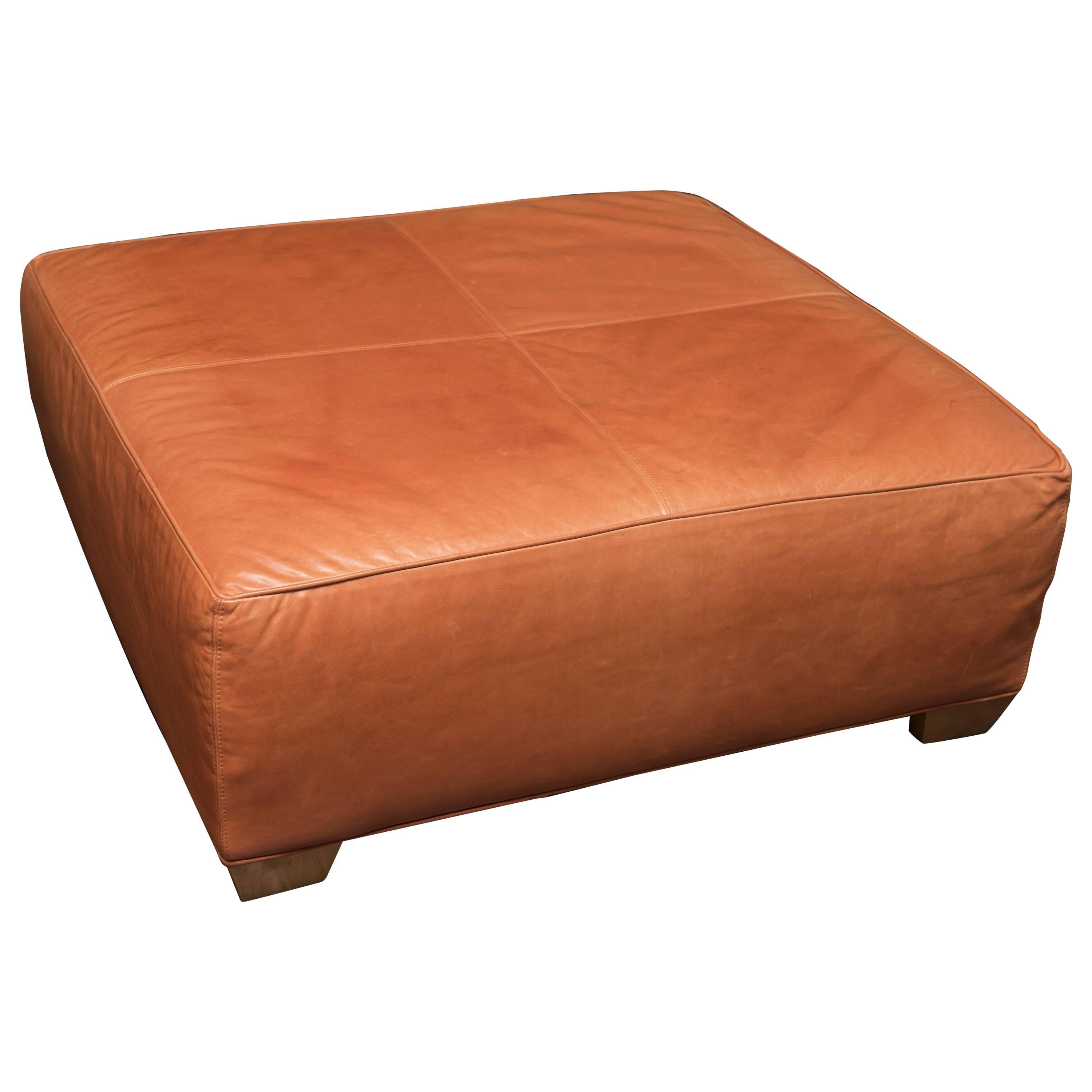 Tangerine Leather Ottoman For Sale