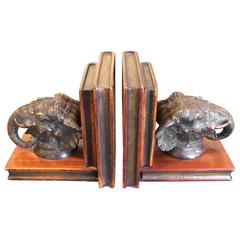 Vintage Masculine Leather and Bronze Elephant Motiffe Bookends