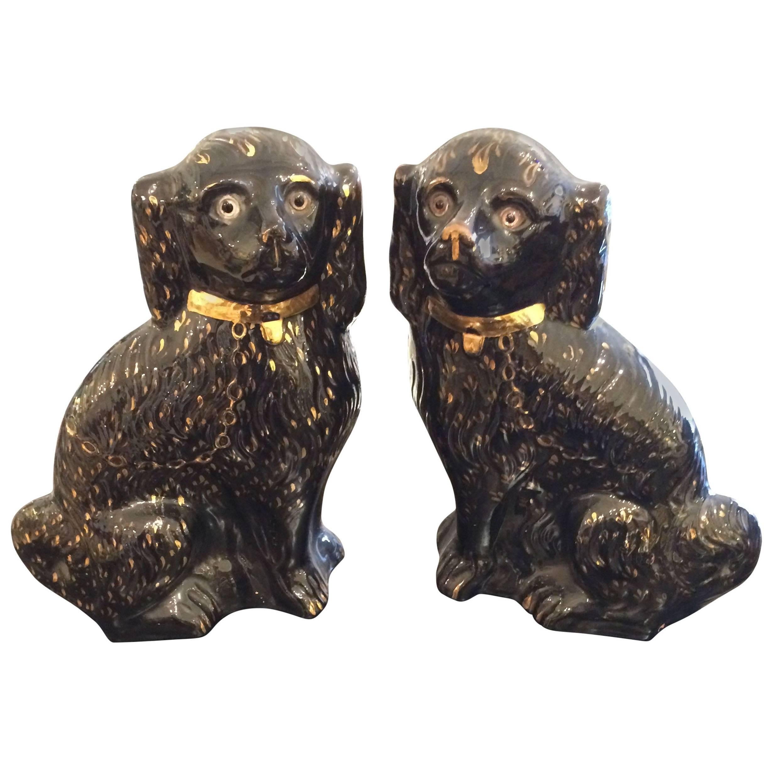 Large Pair of Antique Black and Gold Staffordshire Spaniels