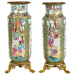 Pair of Late 19th Century Gilt Bronze Mounted Rose Medallion Vases