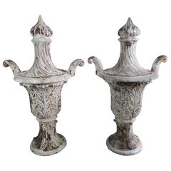 Pair of Carved Wood Italian Painted Urns with Flames