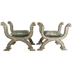 Pair of Italian "X" Gilt Wood Lion Benches