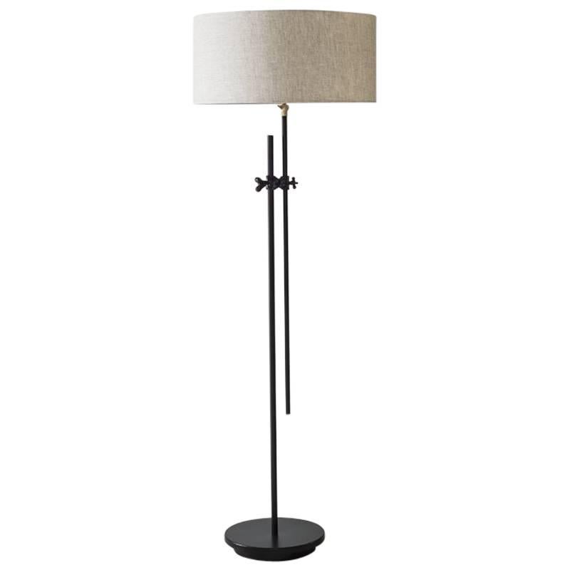 Workstead Shaded Floor Lamp in Black with Adjustable Stem and Linen Shade
