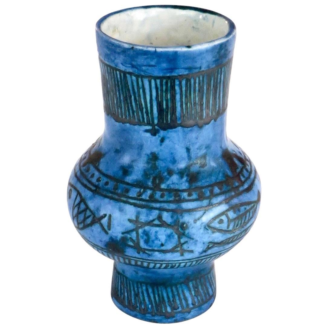 French Ceramic Sgraffito Blue Glazed Vase by Jacques Blin
