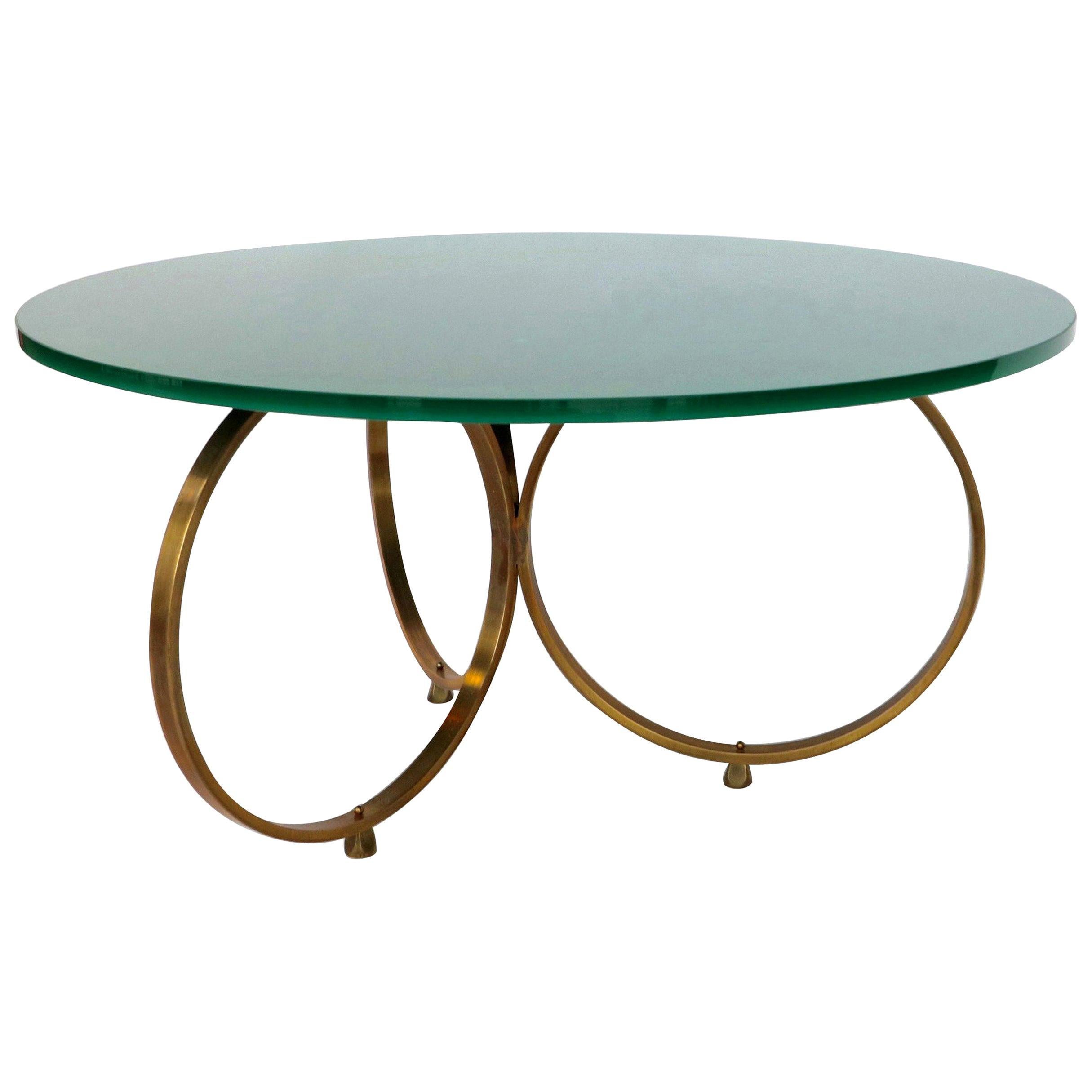 Custom Brass Coffee Table with Green Reverse Painted Glass Top by Adesso Imports For Sale