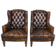 Antique Pair of English Leather Tufted Armchairs