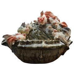 Large Chinese Hand-Painted Ceramic Koi Fish and Shell Water Fountain