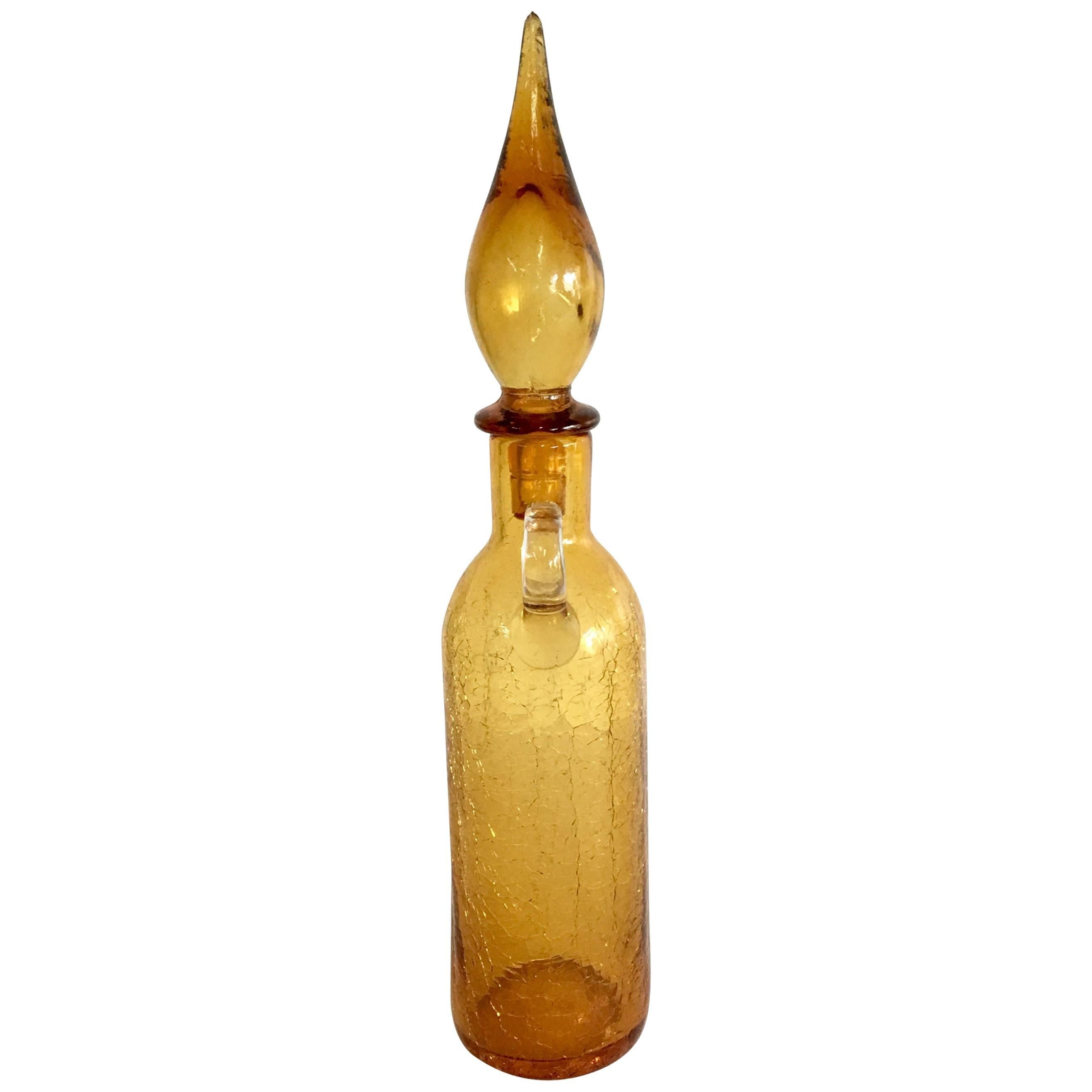 Mid-Century Modern Blenko "Crackle" Glass Amber "Genie" Decanter & Stopper For Sale