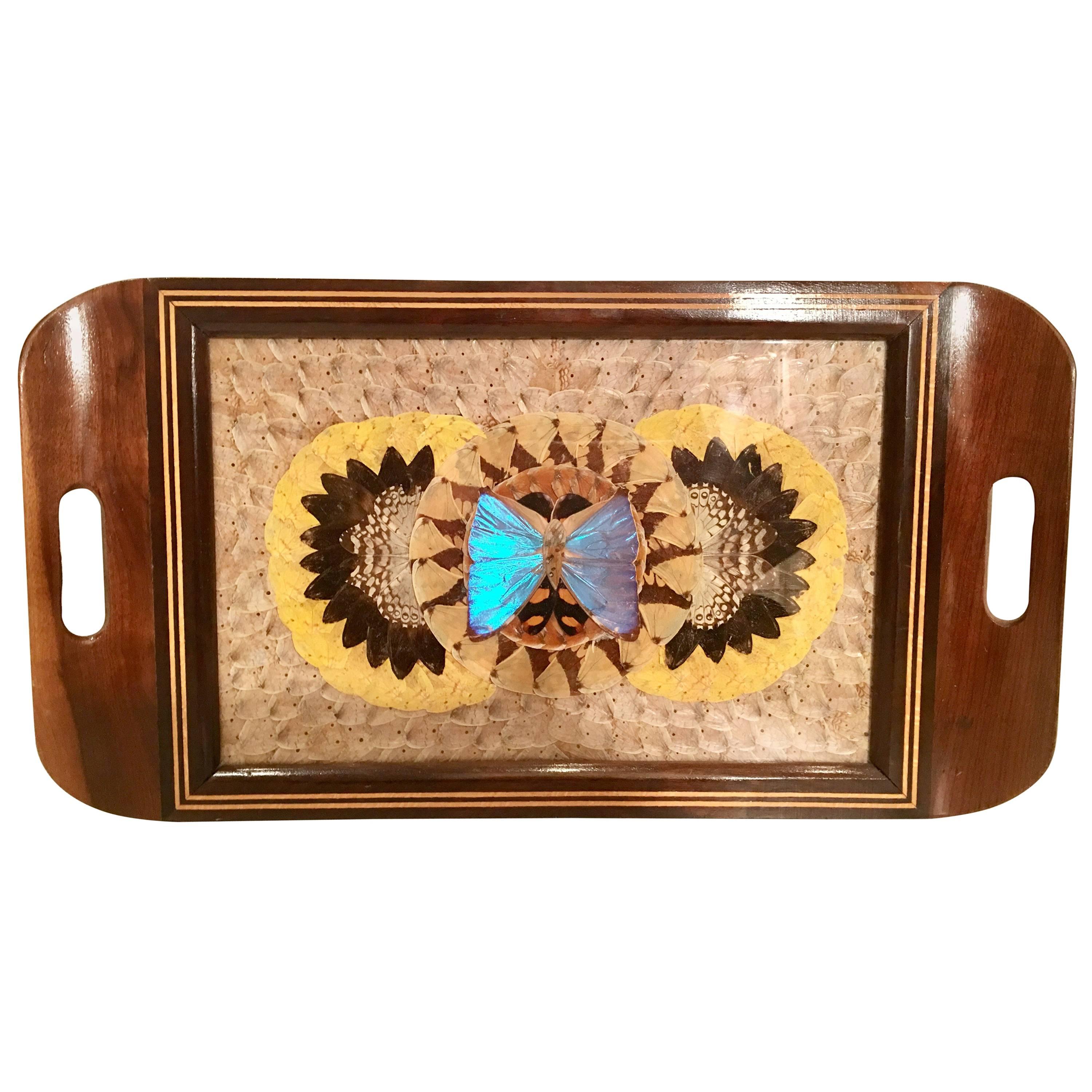 Mid-Century Brazilian Wood & Brass Inlay Pressed Butterfly Tray