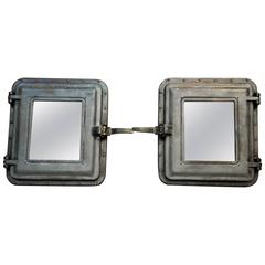 Pair of Cast Riveted Iron French Boat Industrial Window Mirrors, 1910s