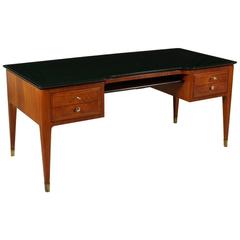 Elegant Rosewood Veneered Desk Inlaid Decorations Glass Brass Vintage, Italy