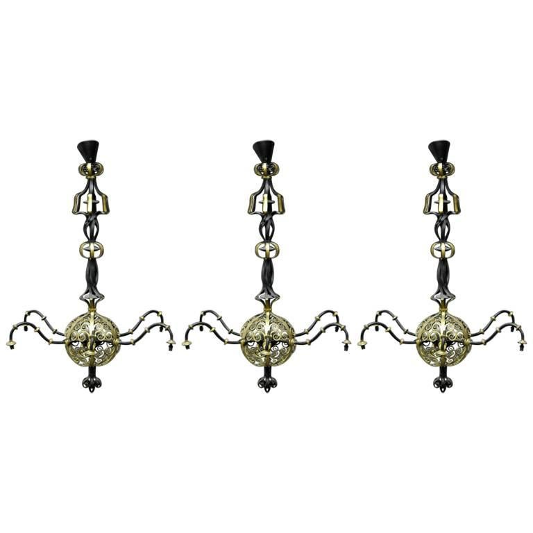 Spital & Clarke, Birmingham 3 Enormous Arts & Crafts Blacksmith Made Chandeliers For Sale