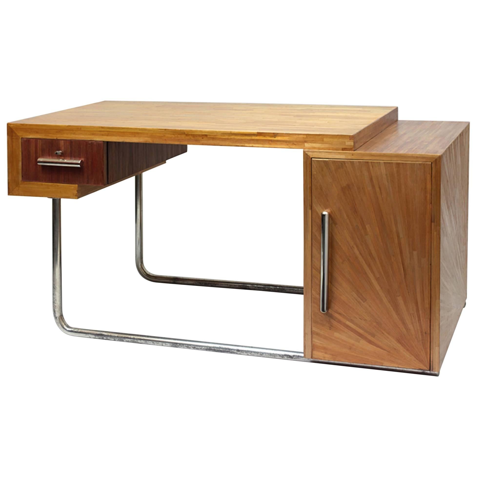 Exceptional Straw Marquetry Lady Desk with Its Chair 1930 by Blanche Klotz For Sale