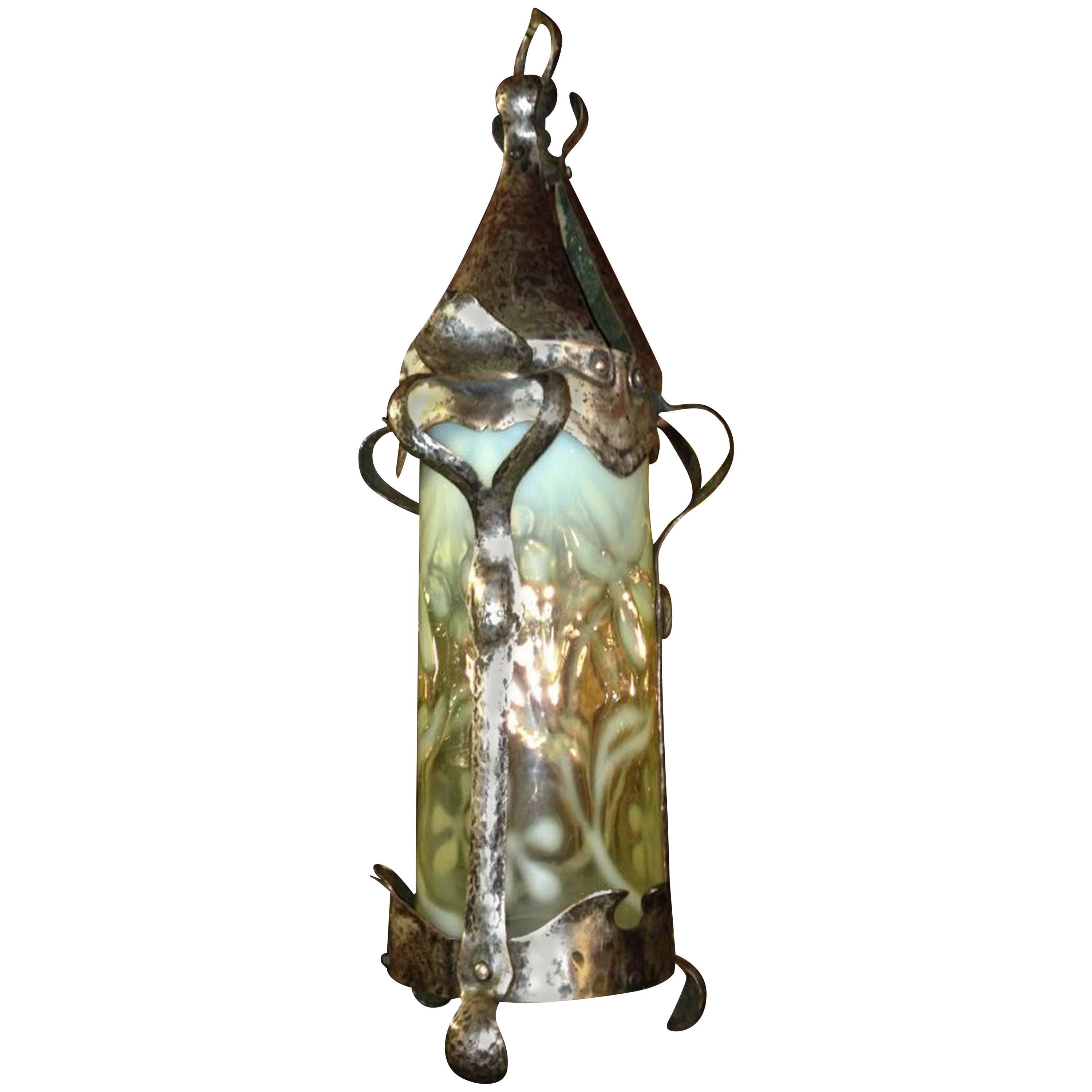 Arts and Crafts Silver-Plated Lantern with Floral Vaseline Shade