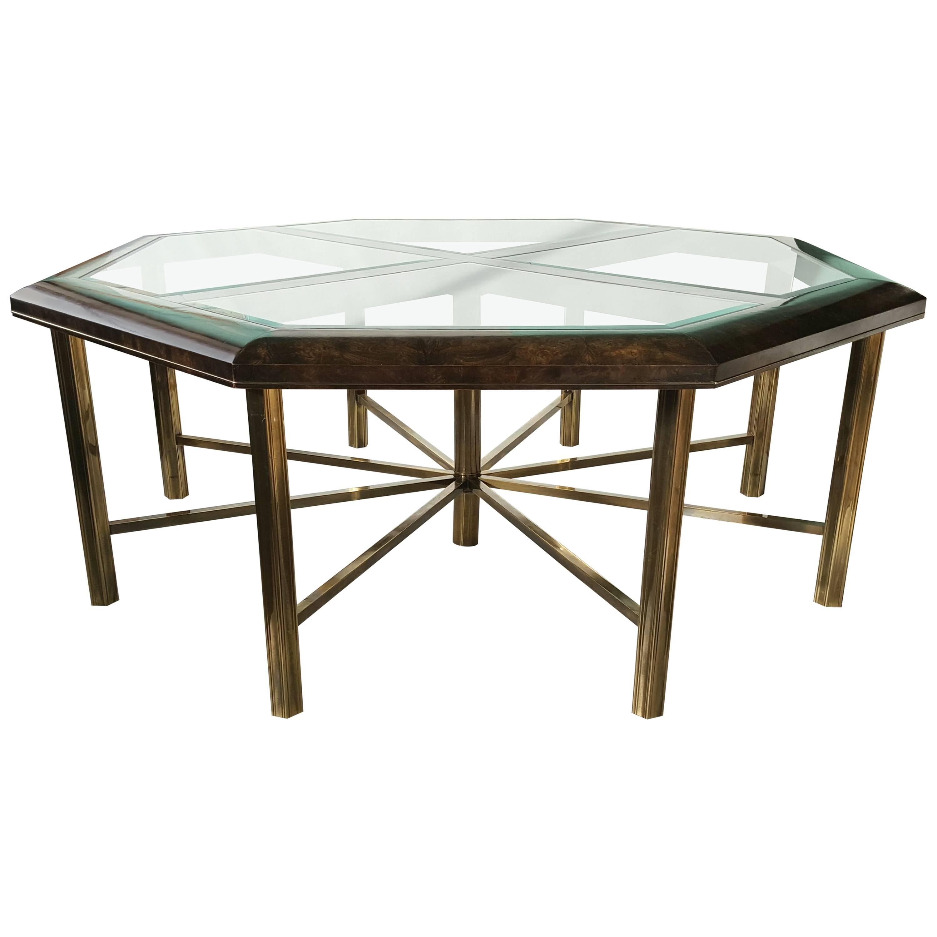 Monumental Burl Elm and Brass Eight-Sided Dining Table by Mastercraft For Sale