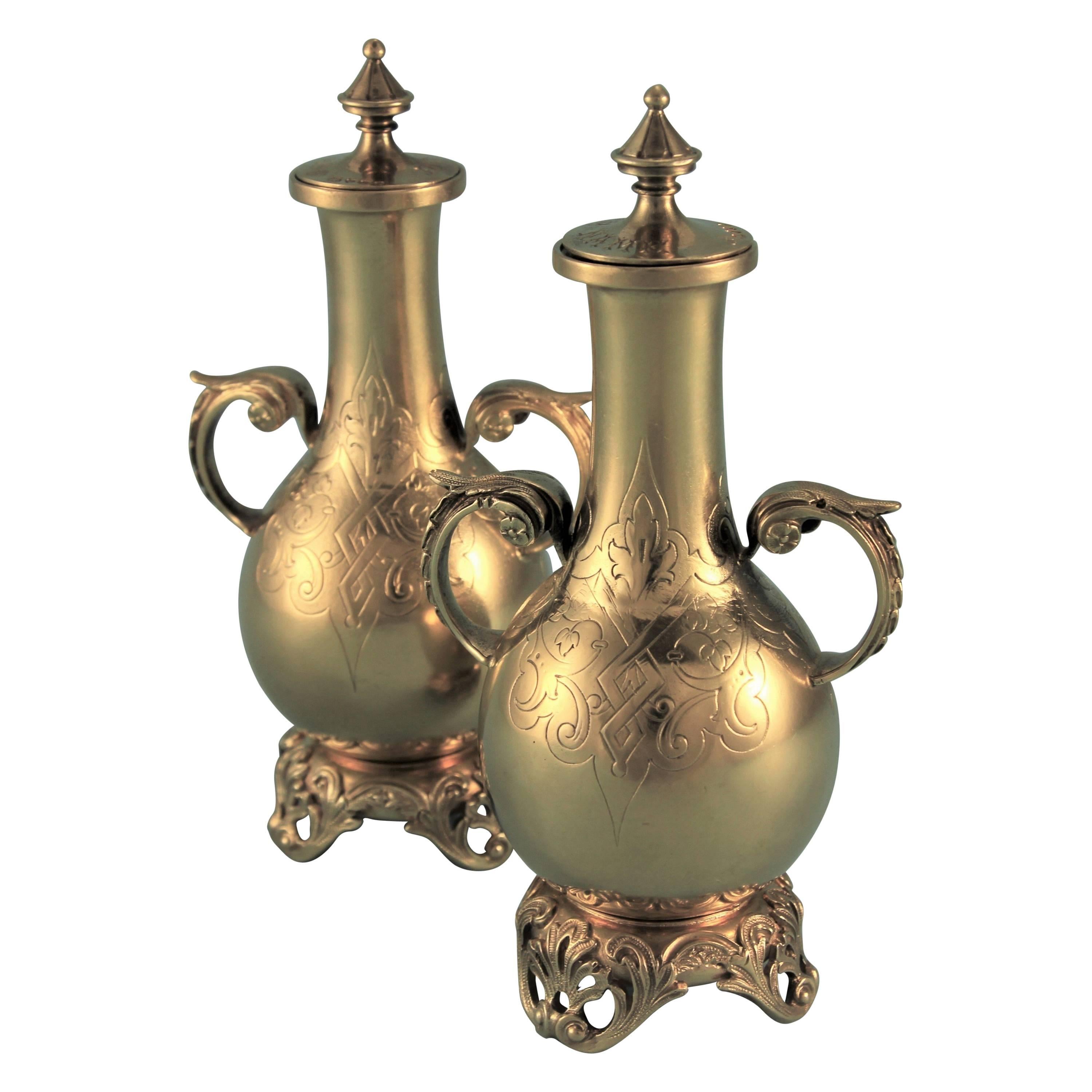 Pair of Victorian Silver Gilt Perfume Bottles on Stands, George Fox London 1871 For Sale