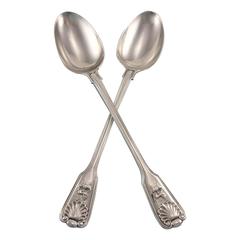 Victorian Pair of Sterling Silver Serving Spoons with Royal Marines Crest