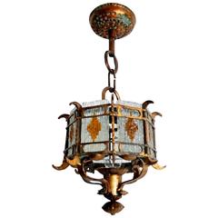 Cut-Glass and Gilt Wrought Iron Lantern Pendant Lamp Brutalist Style, Italy
