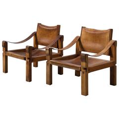 Pierre Chapo Set of Two 
S10B
 Lounge Chairs in Elm and Patinated Cognac Leather