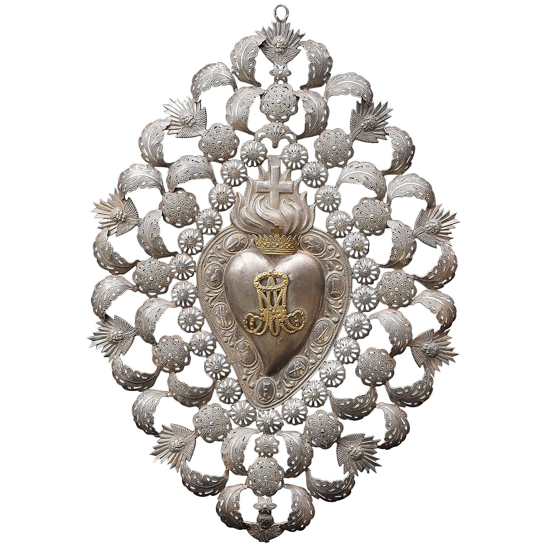 Italian Antique Large Silver Sacred Heart Ex-Voto Monogramed "AM"