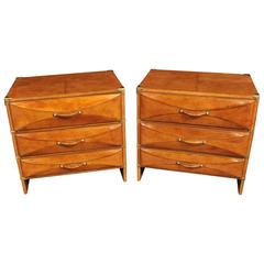 Pair of Leather Art Deco Chests of Drawers Campaign Nightstands